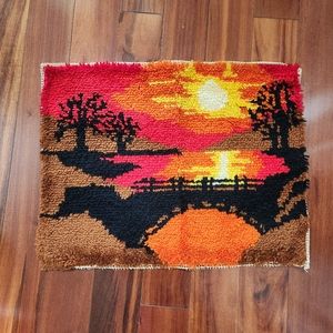 Vintage Latch Hook Sunset Bridge Rug Wall Hanging